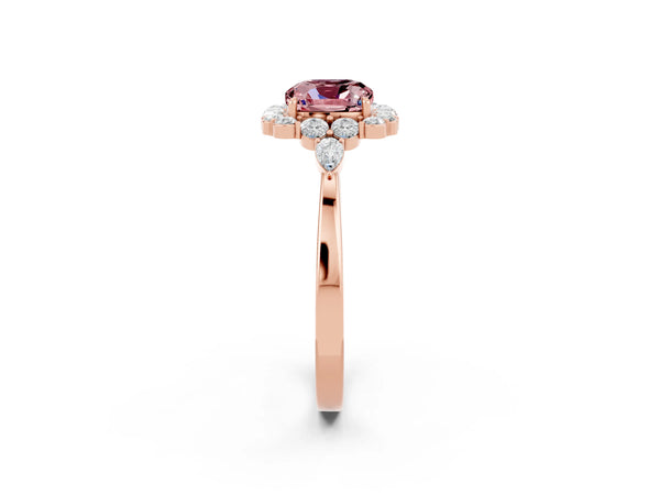 Rose gold Cushion Cut Morganite Halo Ring with Pear Side Stones and Prong Setting