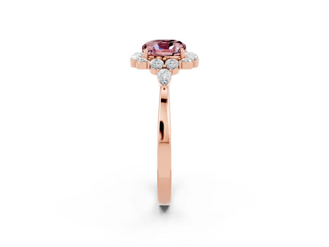 Rose gold Cushion Cut Morganite Halo Ring with Pear Side Stones and Prong Setting_14