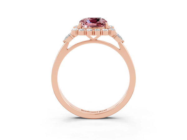 Rose gold Cushion Cut Morganite Halo Ring with Pear Side Stones and Prong Setting