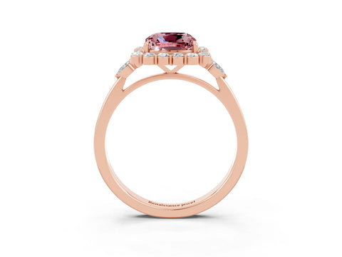 Rose gold Cushion Cut Morganite Halo Ring with Pear Side Stones and Prong Setting_15