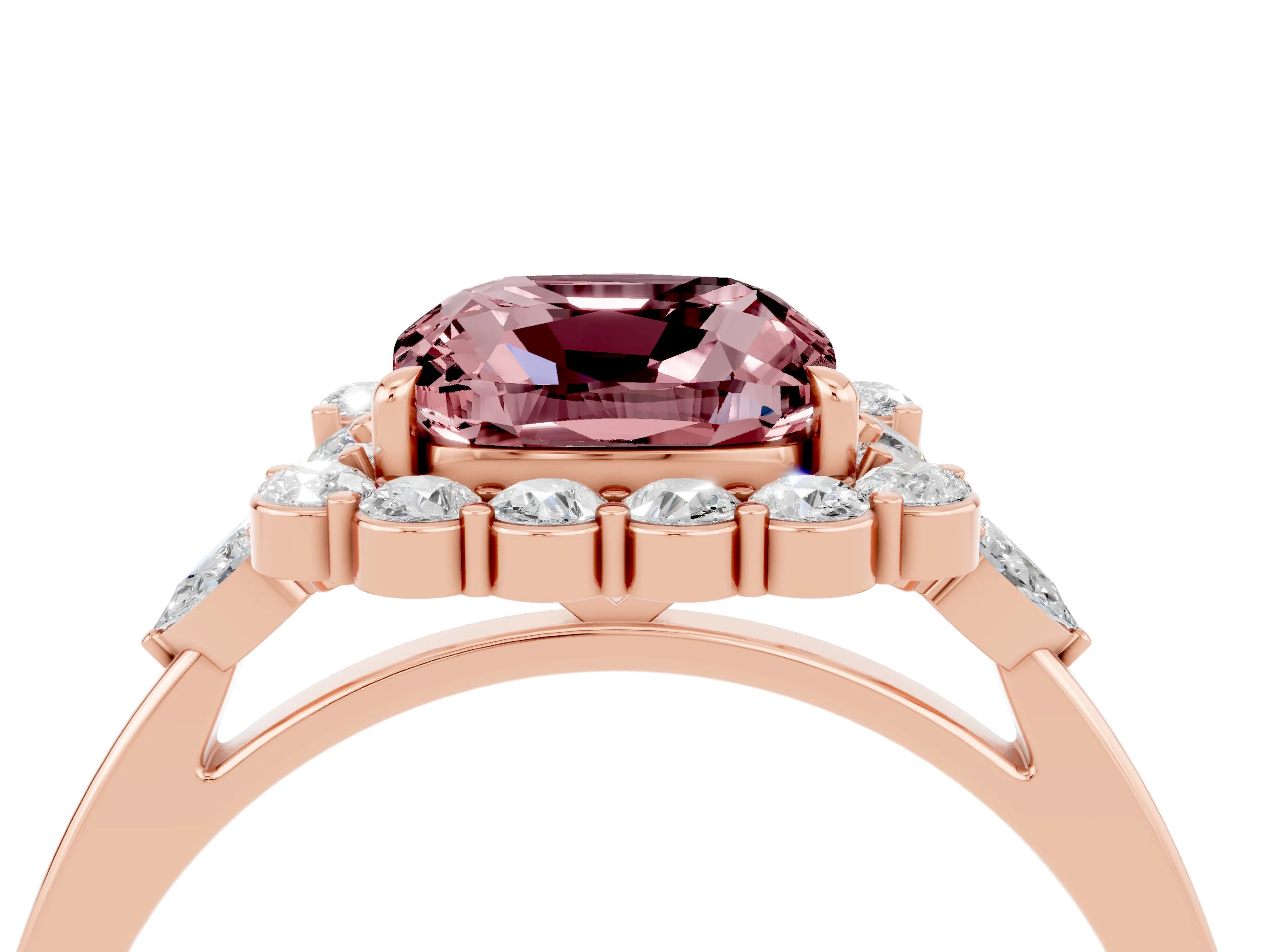Rose gold Cushion Cut Morganite Halo Ring with Pear Side Stones and Prong Setting_16