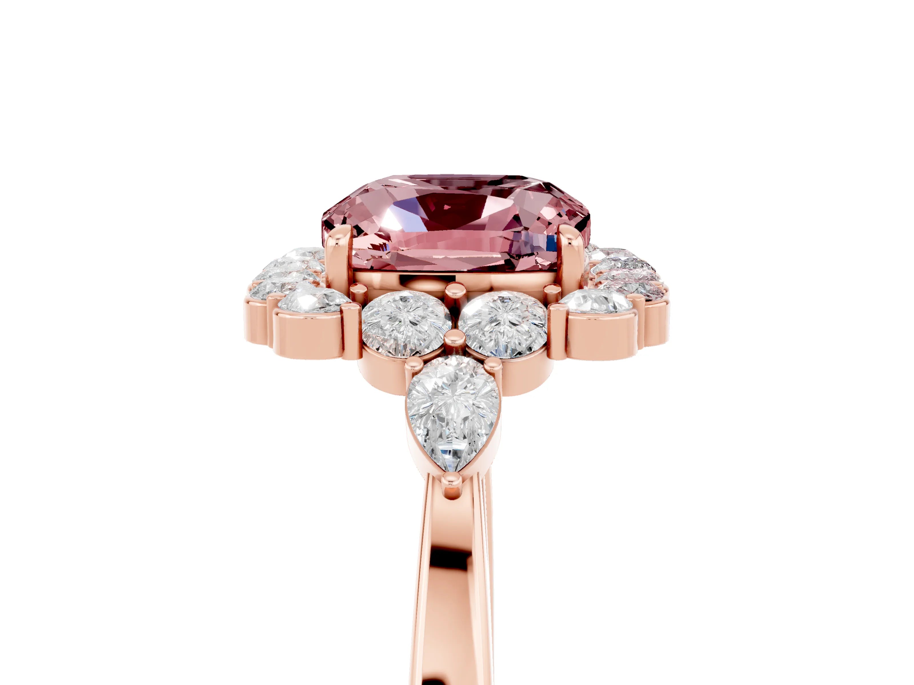 Rose gold Cushion Cut Morganite Halo Ring with Pear Side Stones and Prong Setting_17