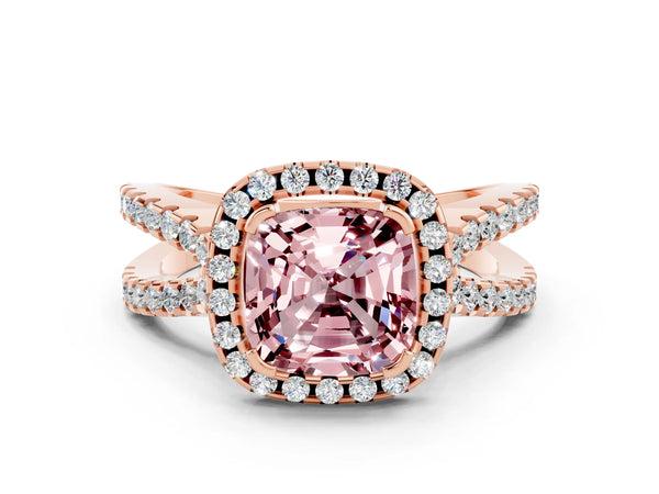 Rose gold Cushion Cut Morganite Halo Ring with Split Shank Pavé Band and Prong Setting