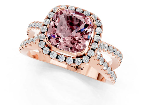 Rose gold Cushion Cut Morganite Halo Ring with Split Shank Pavé Band and Prong Setting_1