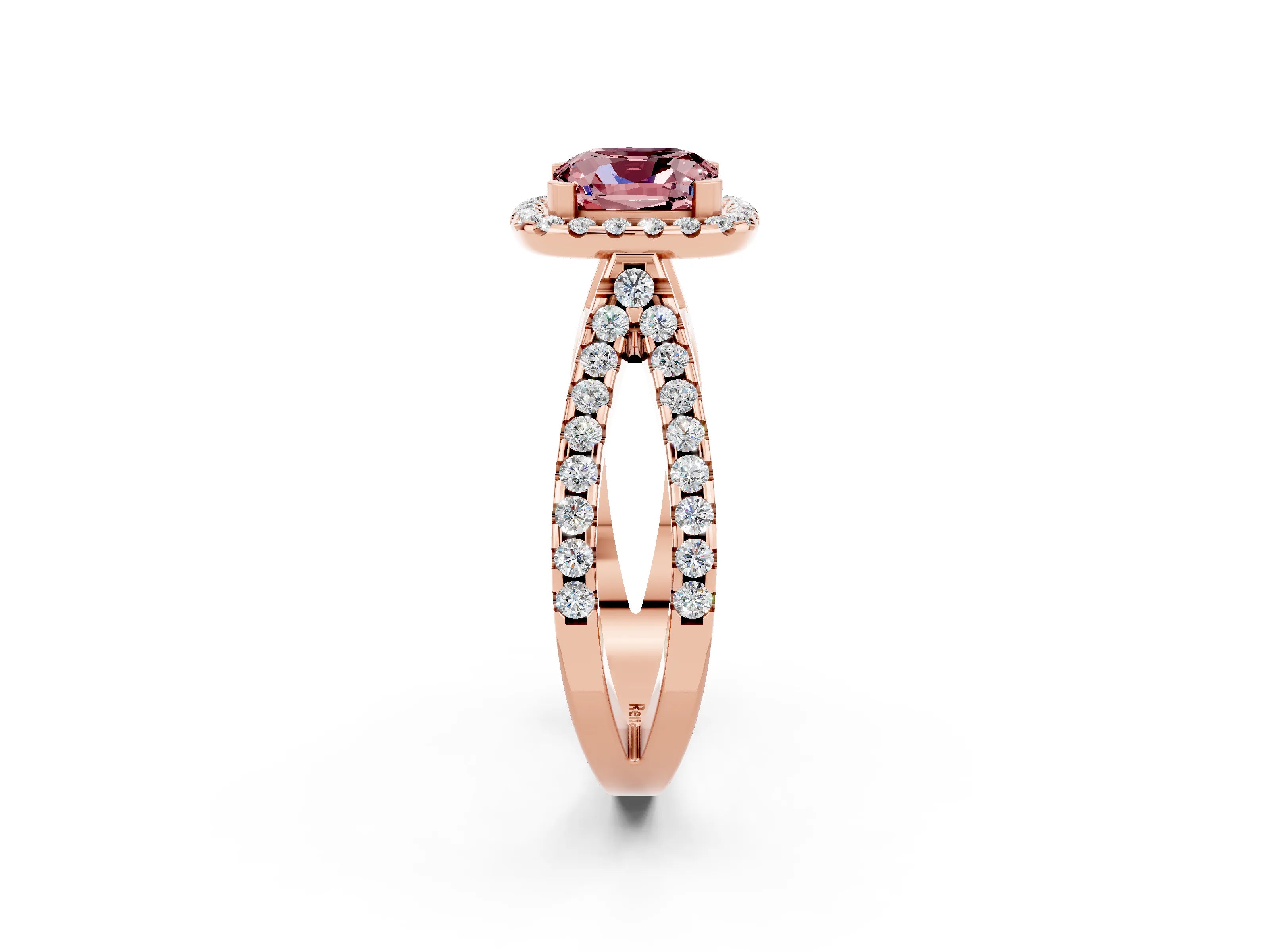 Rose gold Cushion Cut Morganite Halo Ring with Split Shank Pavé Band and Prong Setting_2