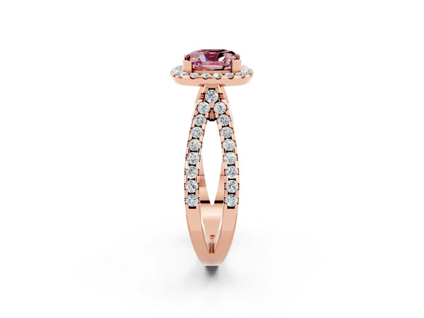 Rose gold Cushion Cut Morganite Halo Ring with Split Shank Pavé Band and Prong Setting