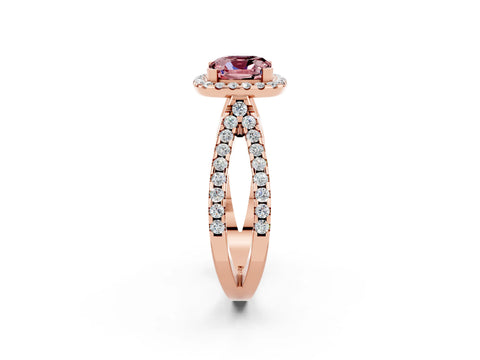 Rose gold Cushion Cut Morganite Halo Ring with Split Shank Pavé Band and Prong Setting_2