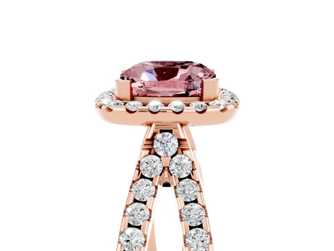 Rose gold Cushion Cut Morganite Halo Ring with Split Shank Pavé Band and Prong Setting_5