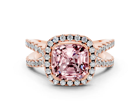 Rose gold Cushion Cut Morganite Halo Ring with Split Shank Pavé Band and Prong Setting