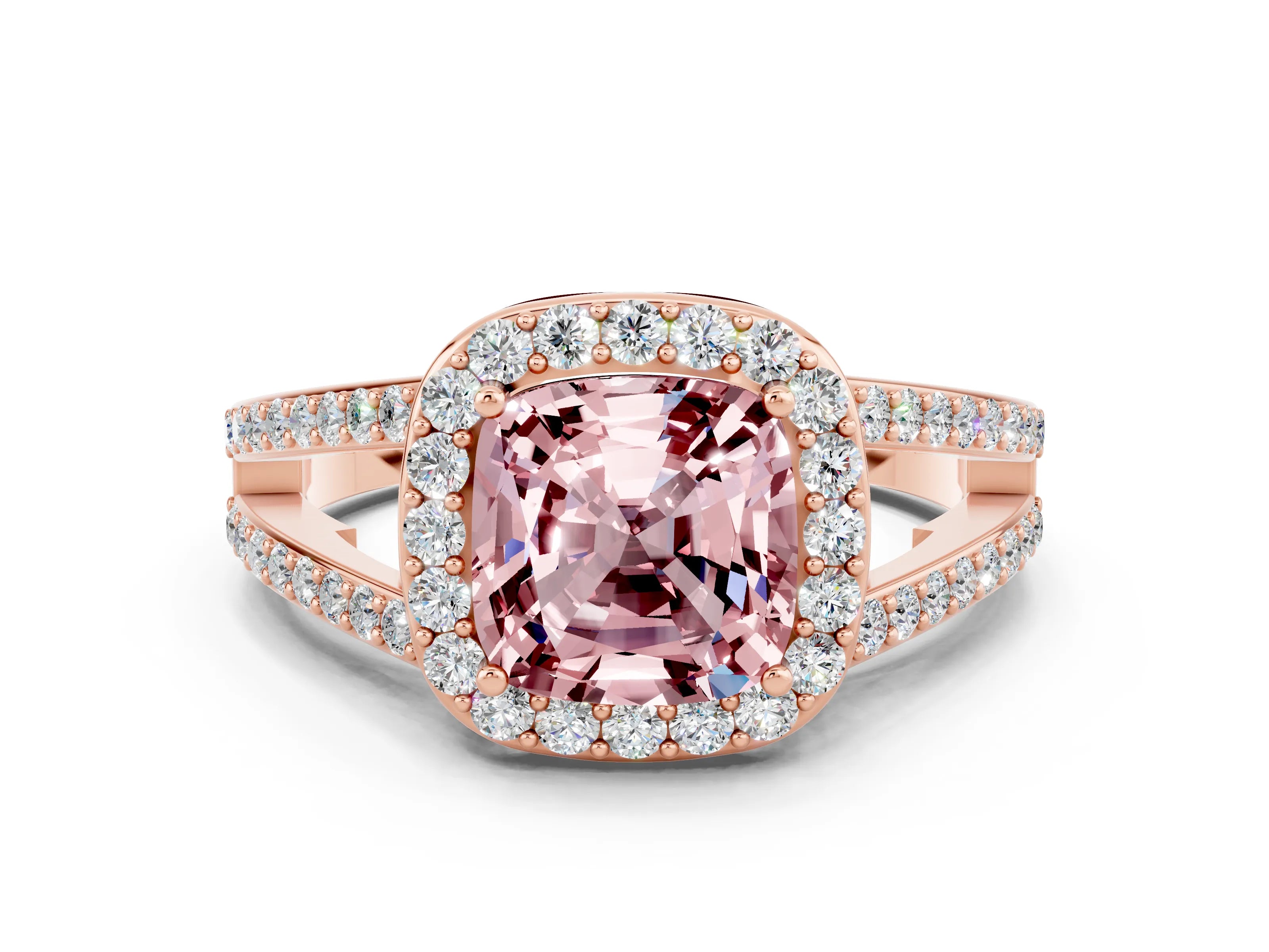 Rose gold Cushion Cut Morganite Halo Ring with Split Shank U-Prong Band and Four-Prong Setting