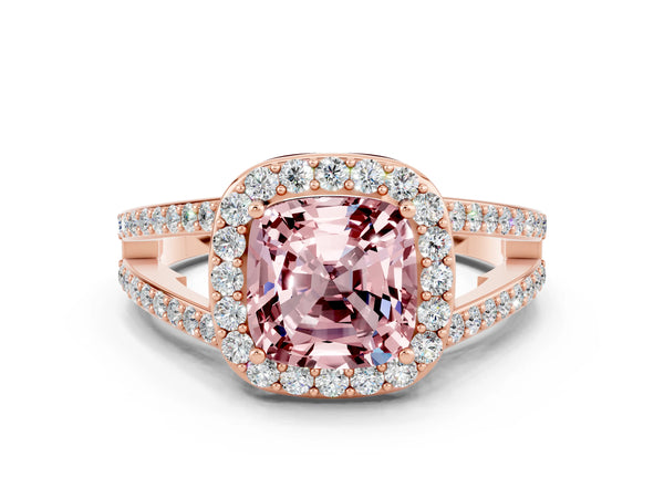 Rose gold Cushion Cut Morganite Halo Ring with Split Shank U-Prong Band and Four-Prong Setting
