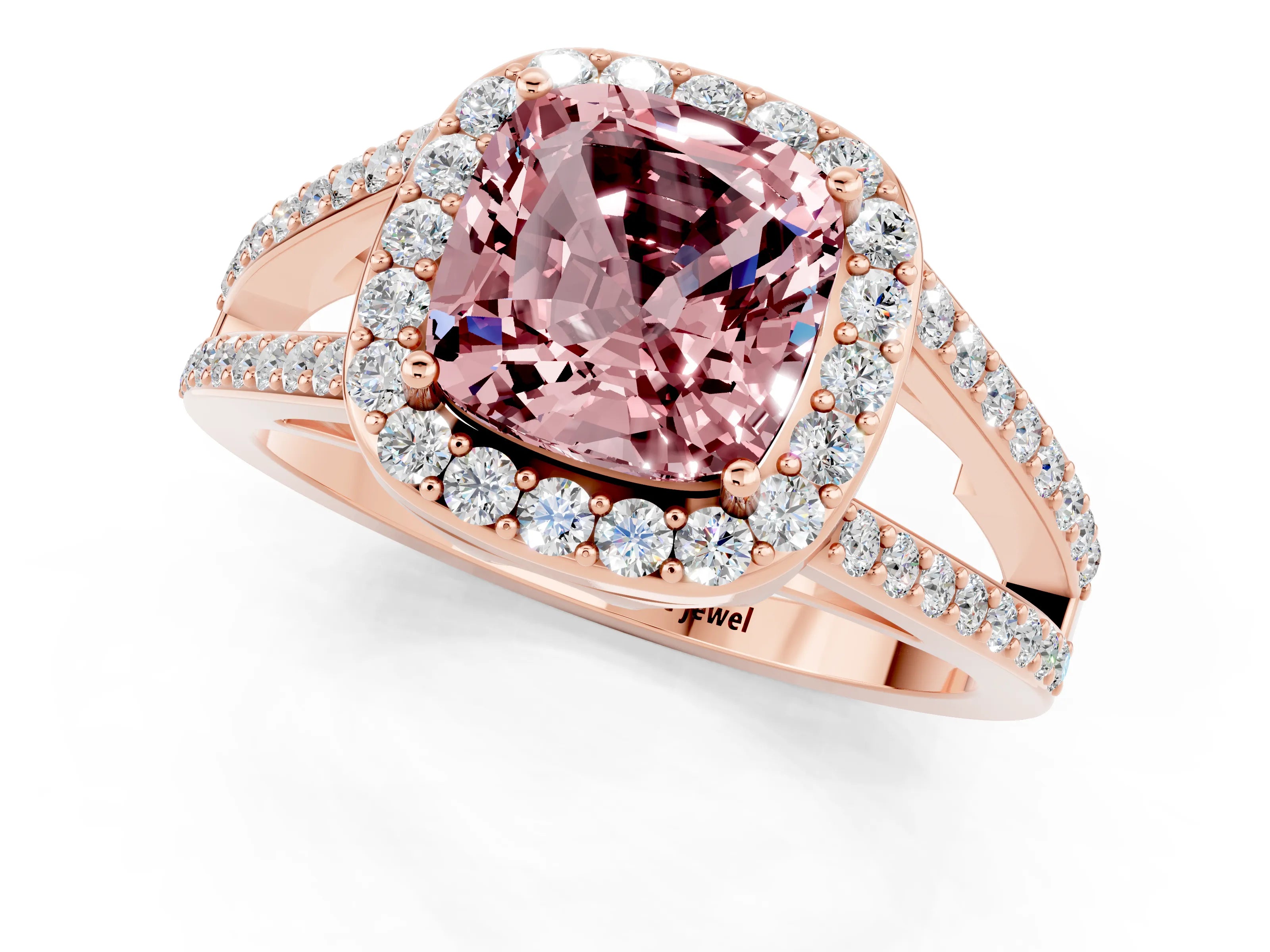Rose gold Cushion Cut Morganite Halo Ring with Split Shank U-Prong Band and Four-Prong Setting_1