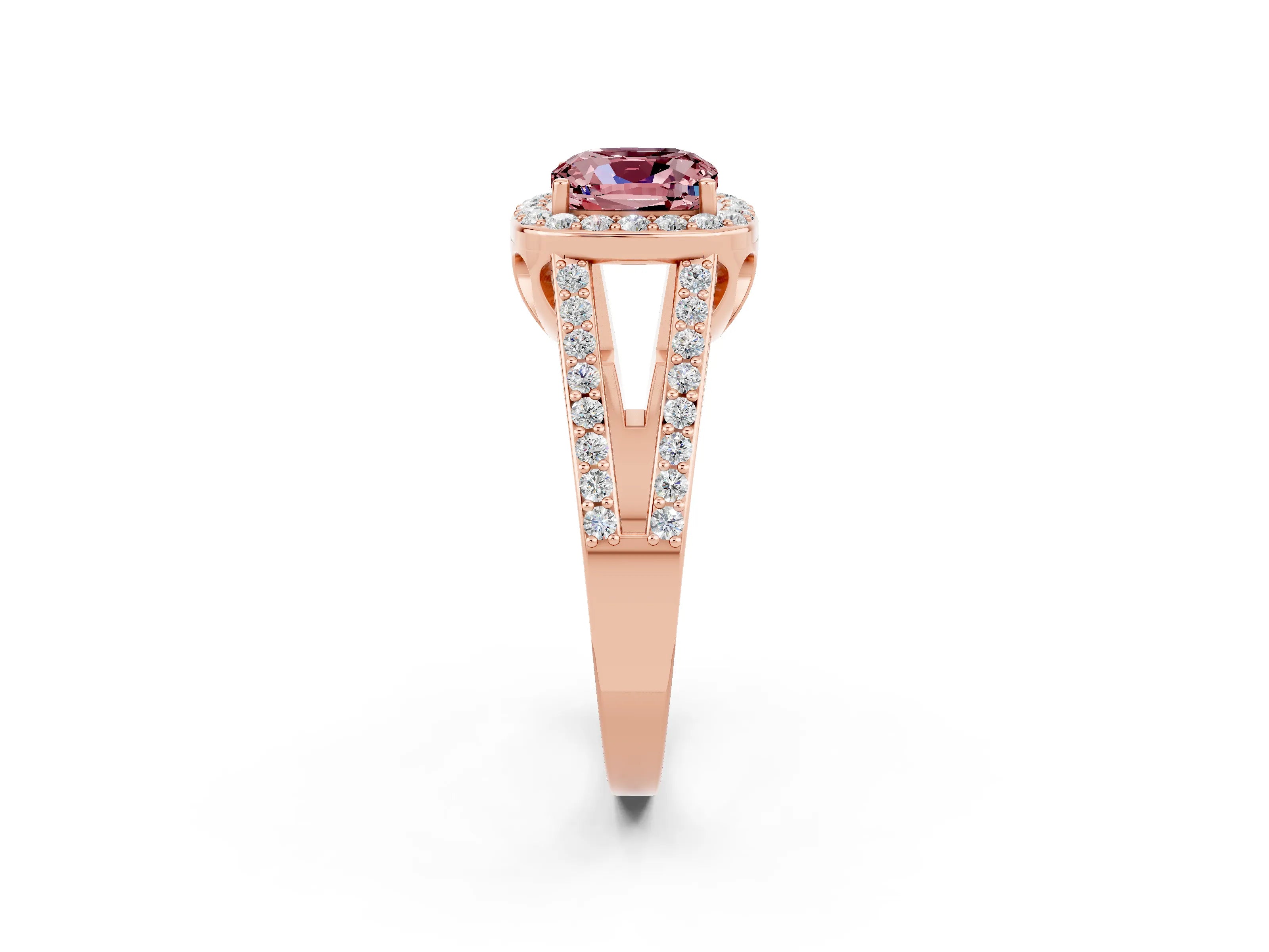 Rose gold Cushion Cut Morganite Halo Ring with Split Shank U-Prong Band and Four-Prong Setting_2