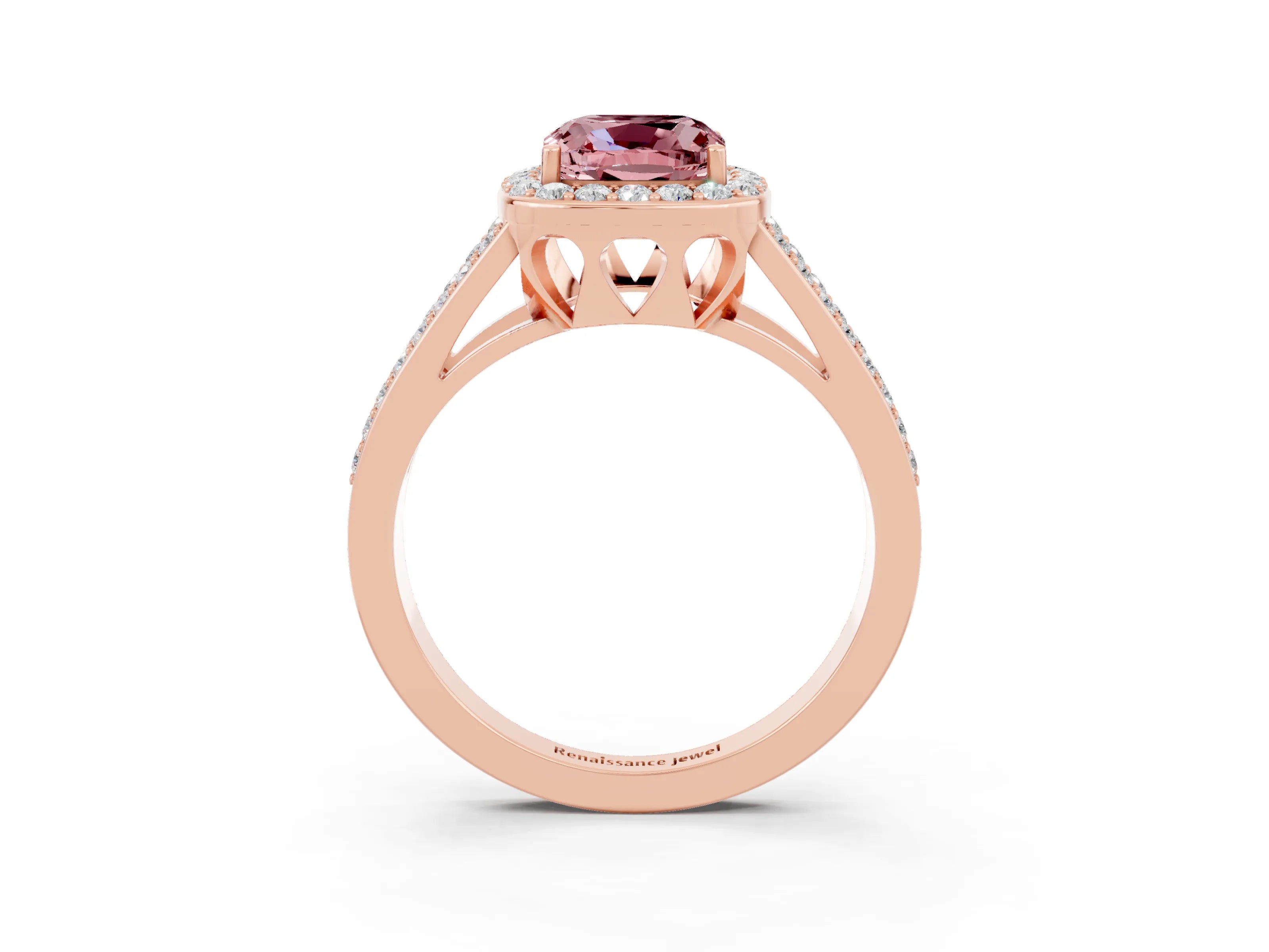 Rose gold Cushion Cut Morganite Halo Ring with Split Shank U-Prong Band and Four-Prong Setting_3