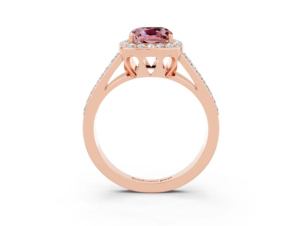 Rose gold Cushion Cut Morganite Halo Ring with Split Shank U-Prong Band and Four-Prong Setting