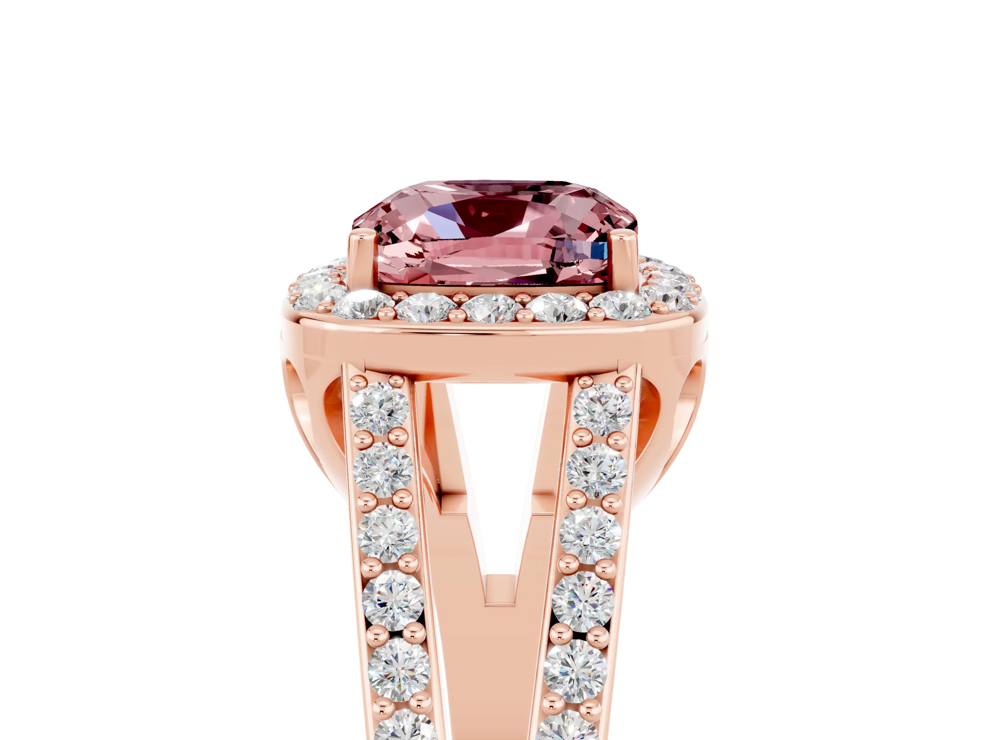 Rose gold Cushion Cut Morganite Halo Ring with Split Shank U-Prong Band and Four-Prong Setting_5