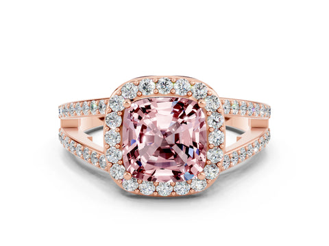 Rose gold Cushion Cut Morganite Halo Ring with Split Shank U-Prong Band and Four-Prong Setting