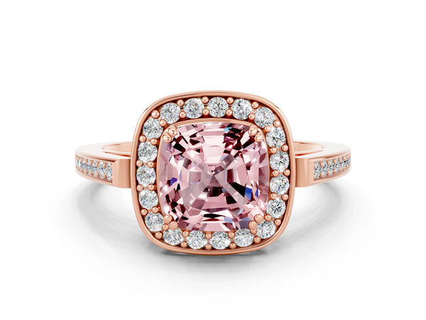 Rose gold Cushion Cut Morganite Halo Ring with Split Shank and Four-Prong Setting