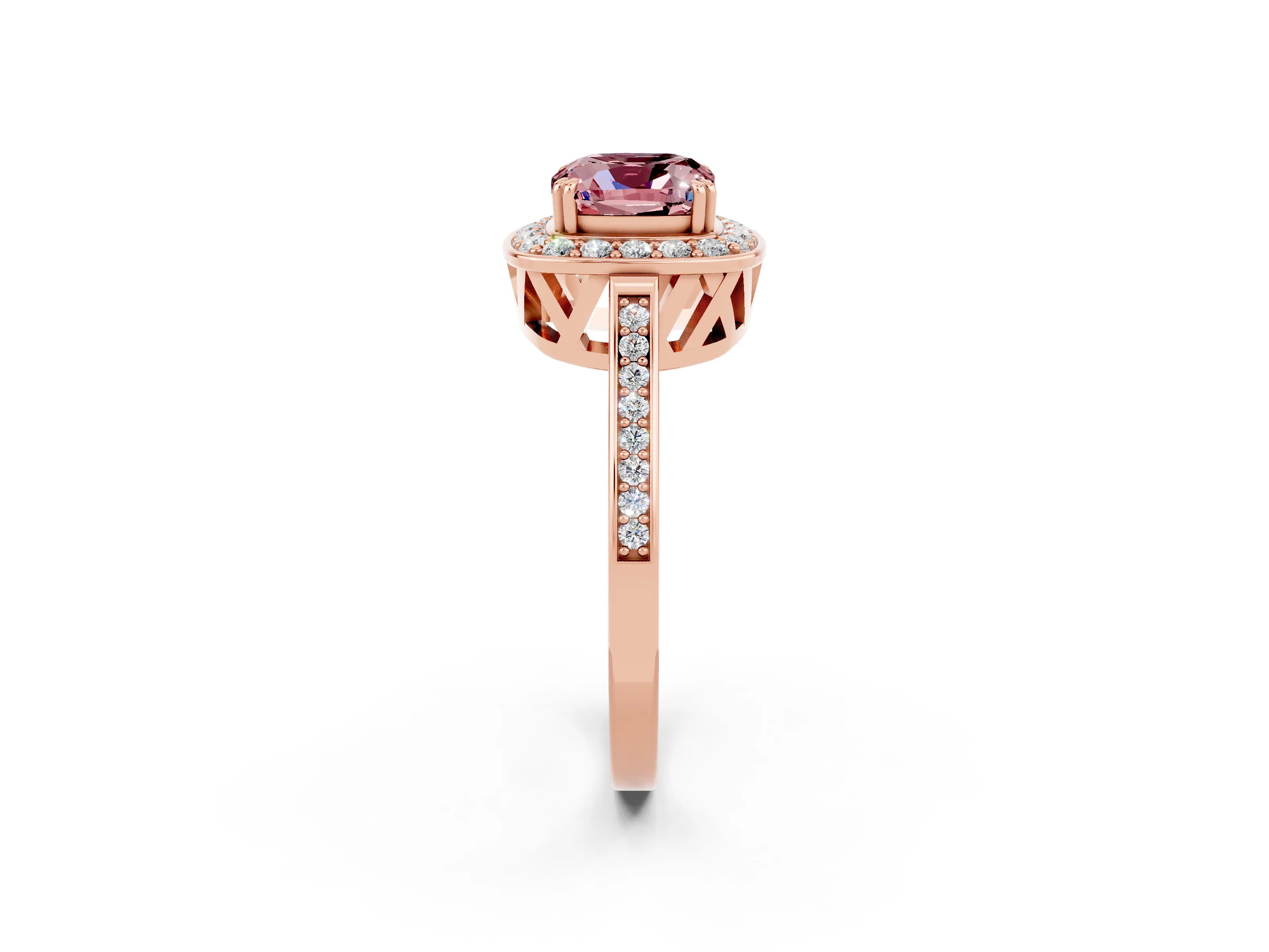 Rose gold Cushion Cut Morganite Halo Ring with Split Shank and Four-Prong Setting_21
