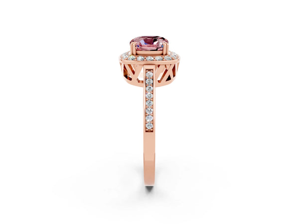 Rose gold Cushion Cut Morganite Halo Ring with Split Shank and Four-Prong Setting