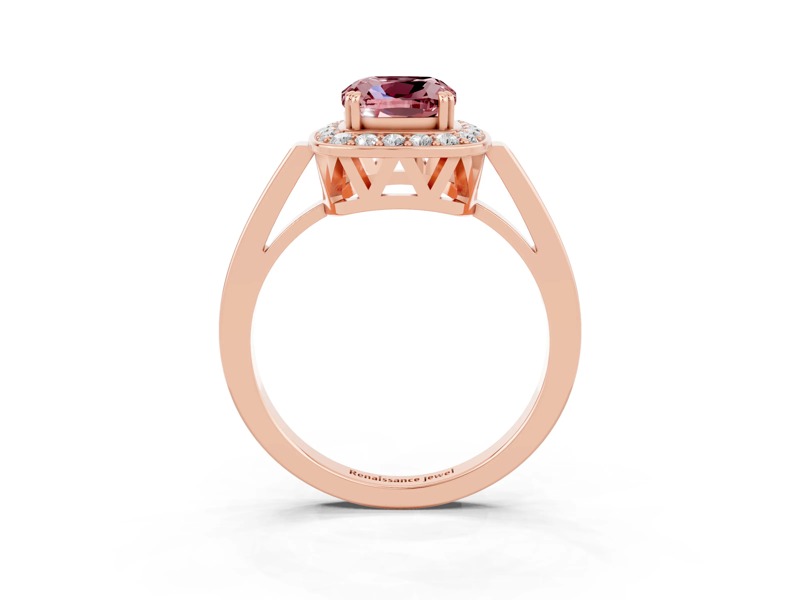 Rose gold Cushion Cut Morganite Halo Ring with Split Shank and Four-Prong Setting_22