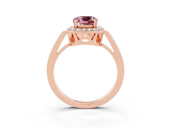 Rose gold Cushion Cut Morganite Halo Ring with Split Shank and Four-Prong Setting