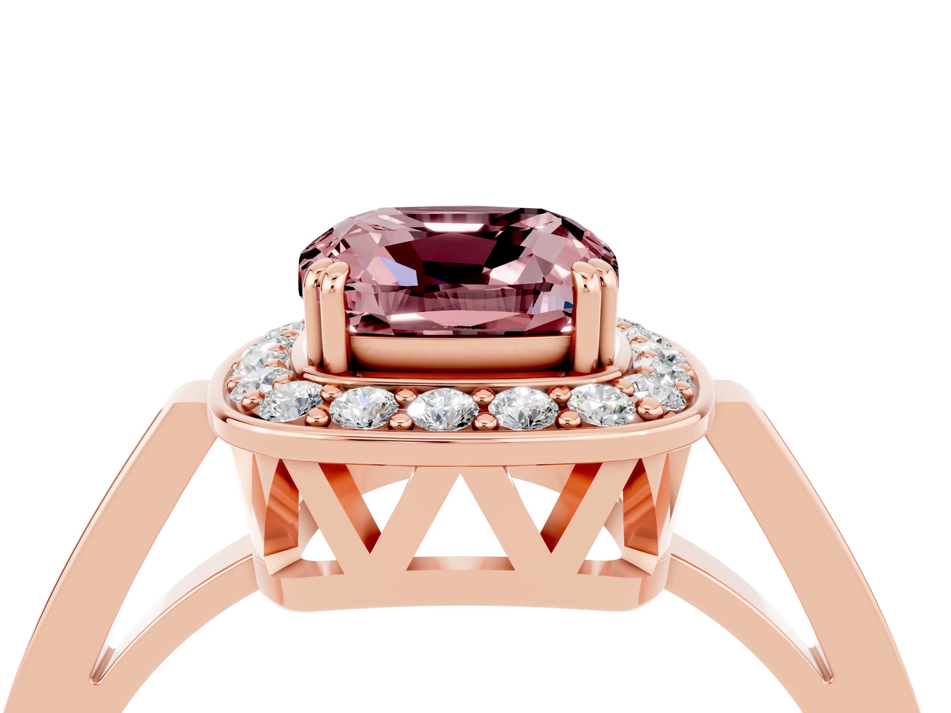 Rose gold Cushion Cut Morganite Halo Ring with Split Shank and Four-Prong Setting_23