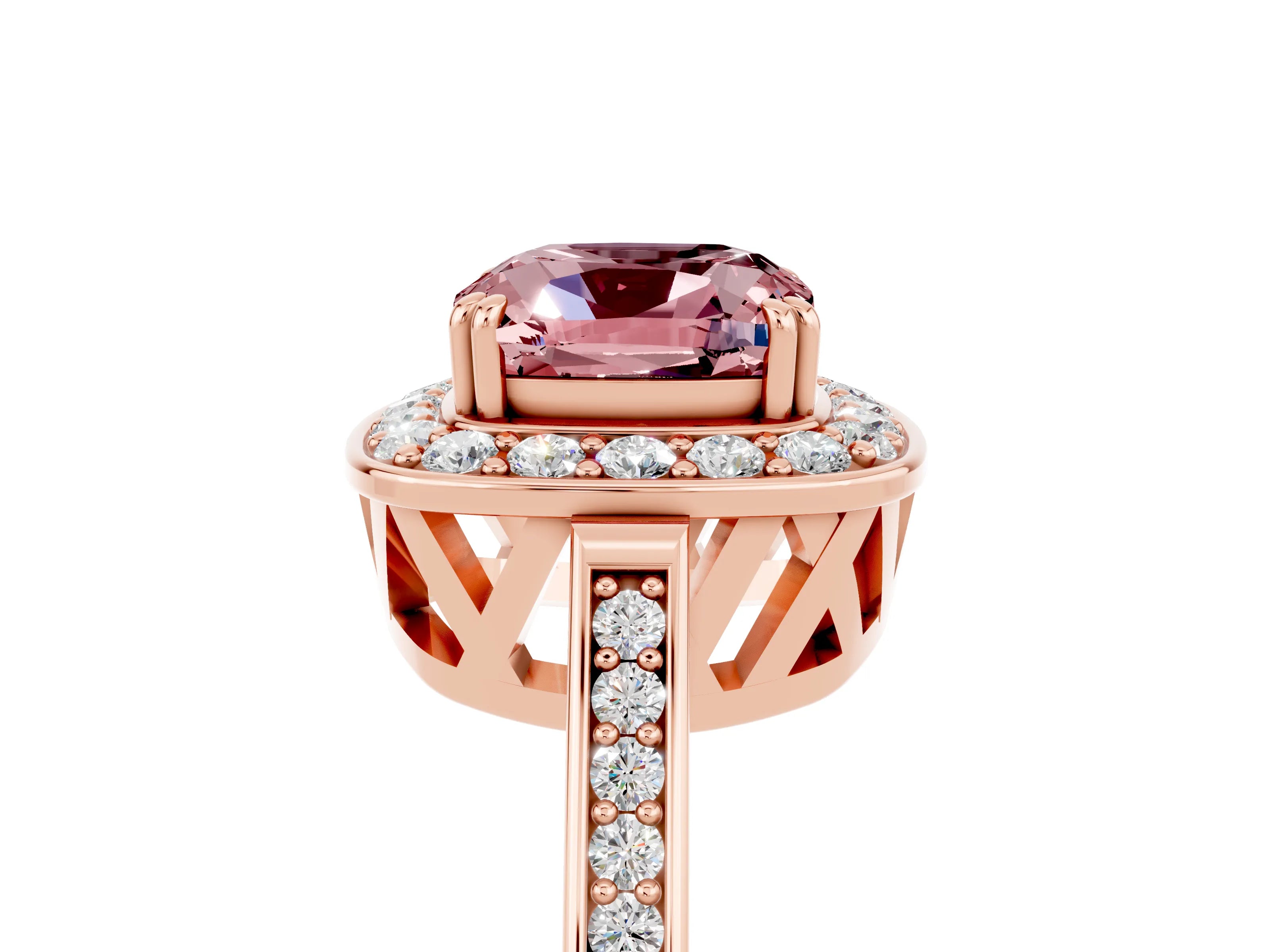 Rose gold Cushion Cut Morganite Halo Ring with Split Shank and Four-Prong Setting_24