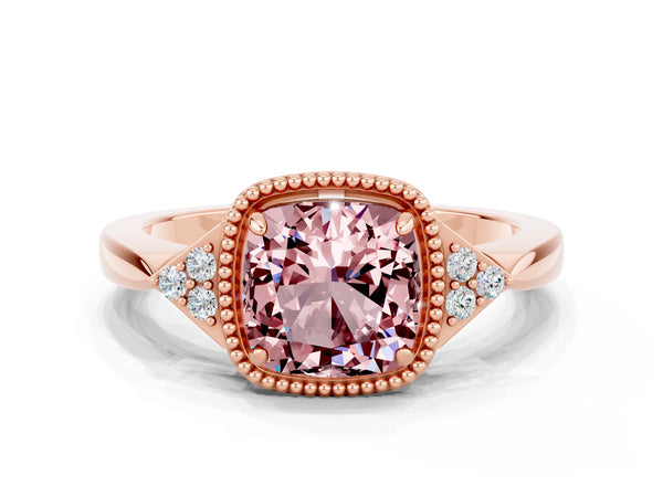 Rose gold Cushion Cut Morganite Halo Ring with Tapered Band and Four-Prong Setting