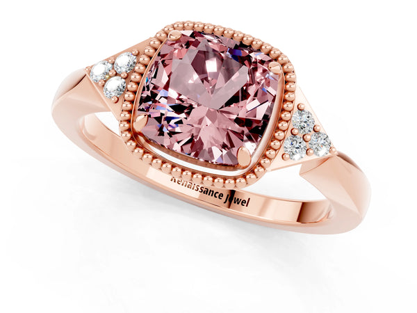 Rose gold Cushion Cut Morganite Halo Ring with Tapered Band and Four-Prong Setting