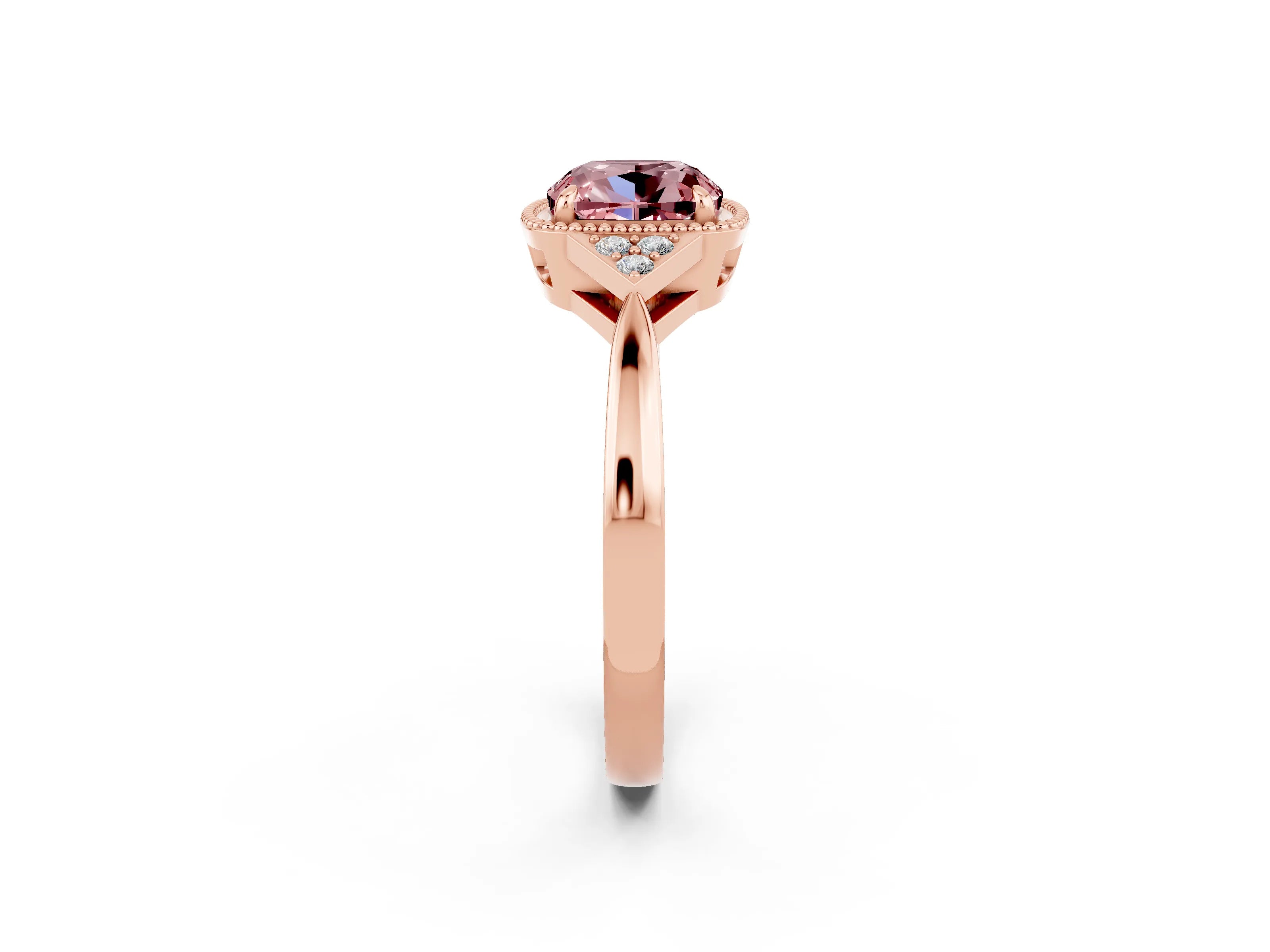 Rose gold Cushion Cut Morganite Halo Ring with Tapered Band and Four-Prong Setting_2