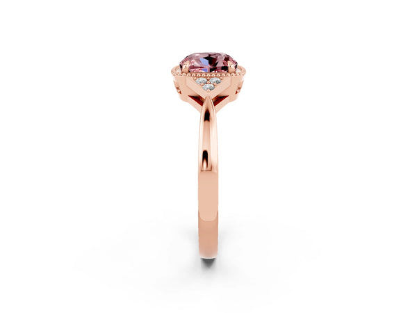 Rose gold Cushion Cut Morganite Halo Ring with Tapered Band and Four-Prong Setting