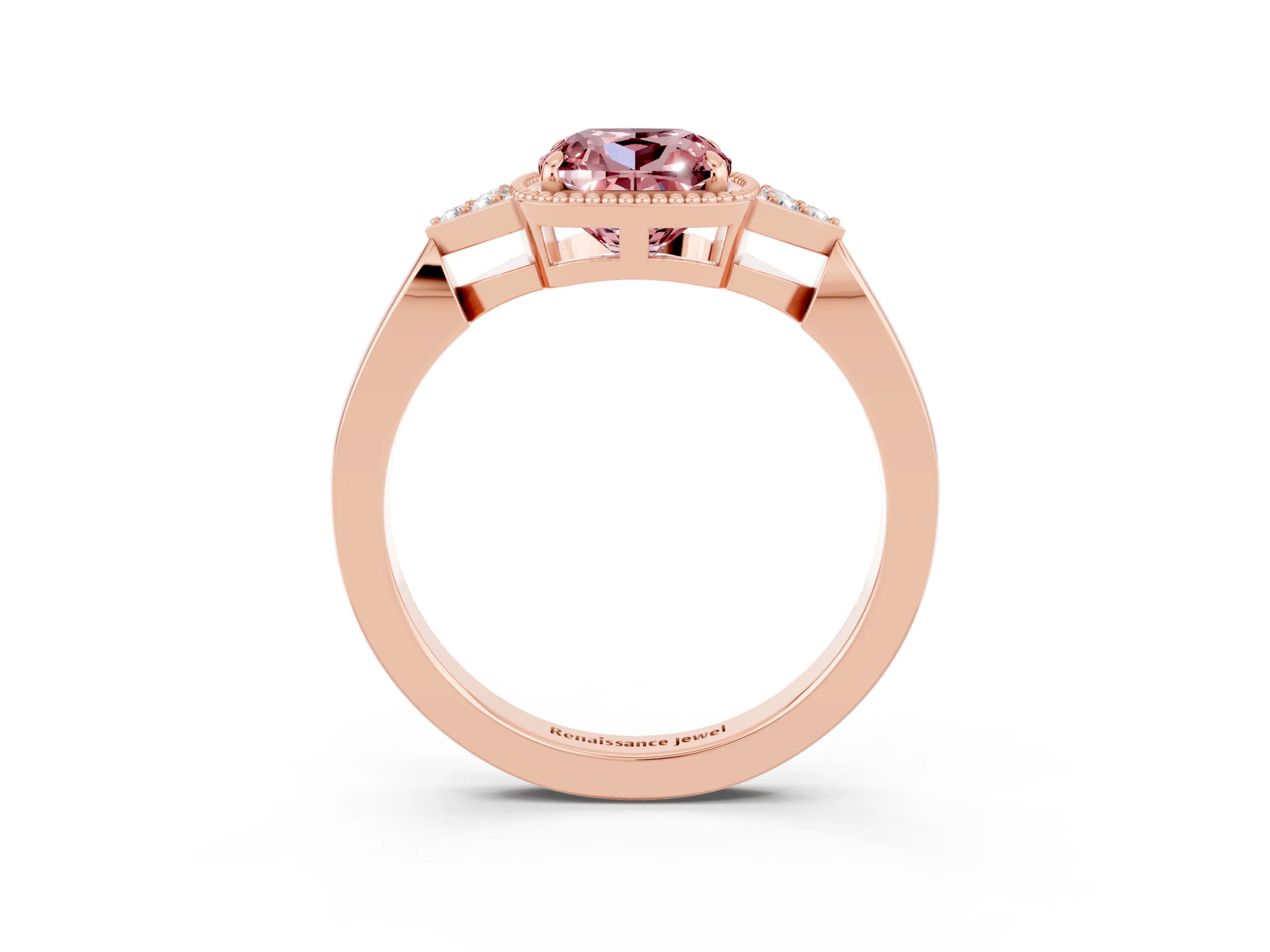 Rose gold Cushion Cut Morganite Halo Ring with Tapered Band and Four-Prong Setting_3