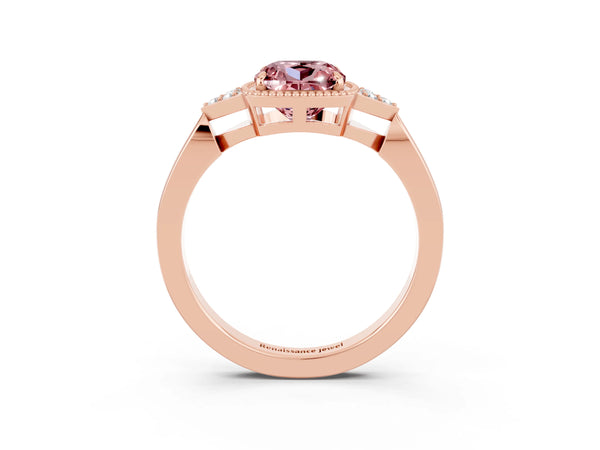 Rose gold Cushion Cut Morganite Halo Ring with Tapered Band and Four-Prong Setting