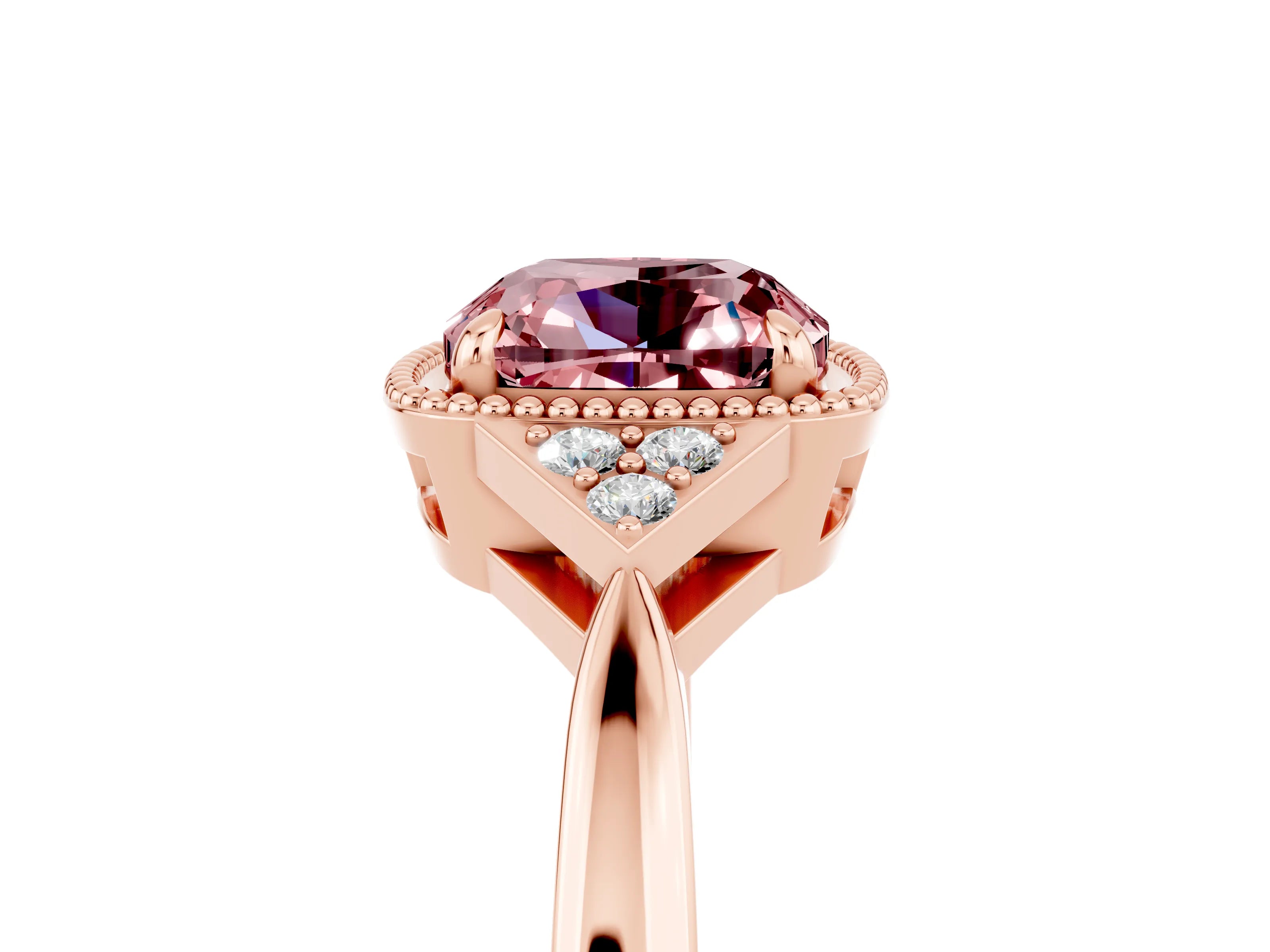 Rose gold Cushion Cut Morganite Halo Ring with Tapered Band and Four-Prong Setting_5