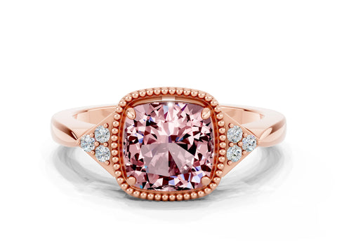 Rose gold Cushion Cut Morganite Halo Ring with Tapered Band and Four-Prong Setting