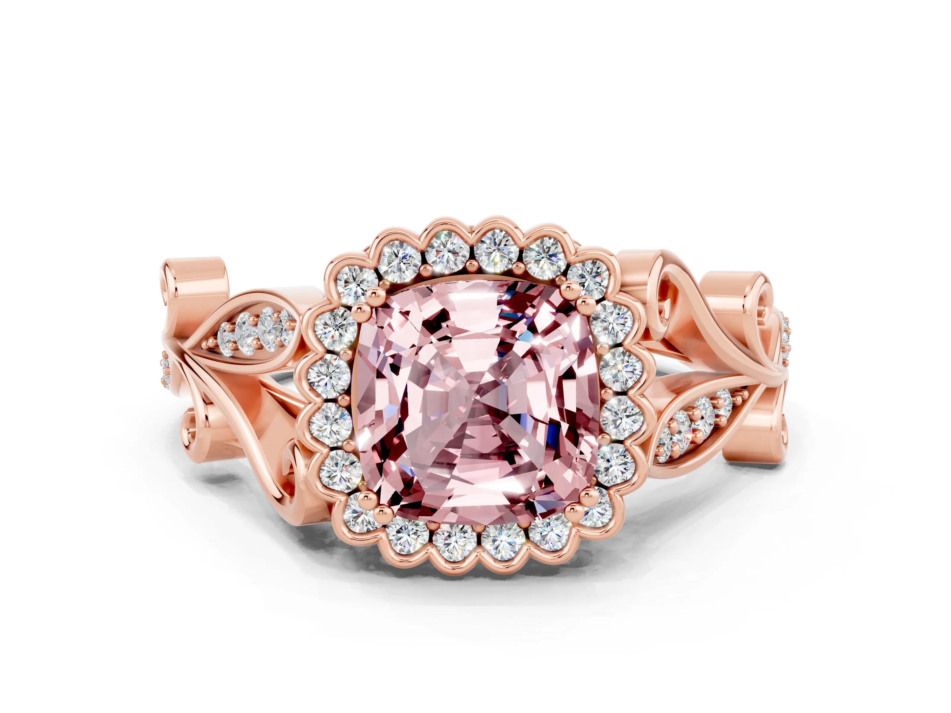 Rose gold Cushion Cut Morganite Halo Ring with Vintage Split Shank and Four-Prong Setting