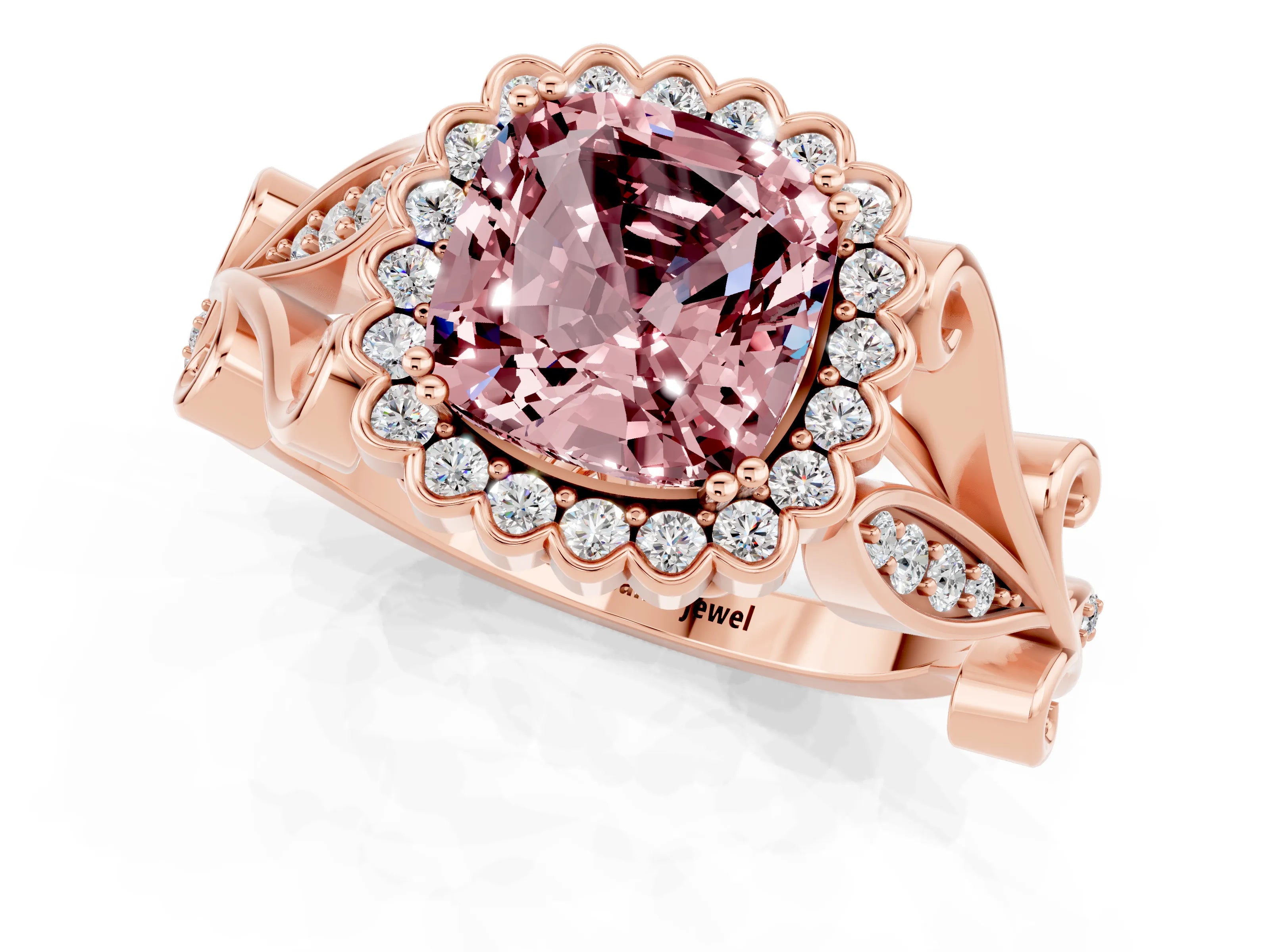 Rose gold Cushion Cut Morganite Halo Ring with Vintage Split Shank and Four-Prong Setting_1