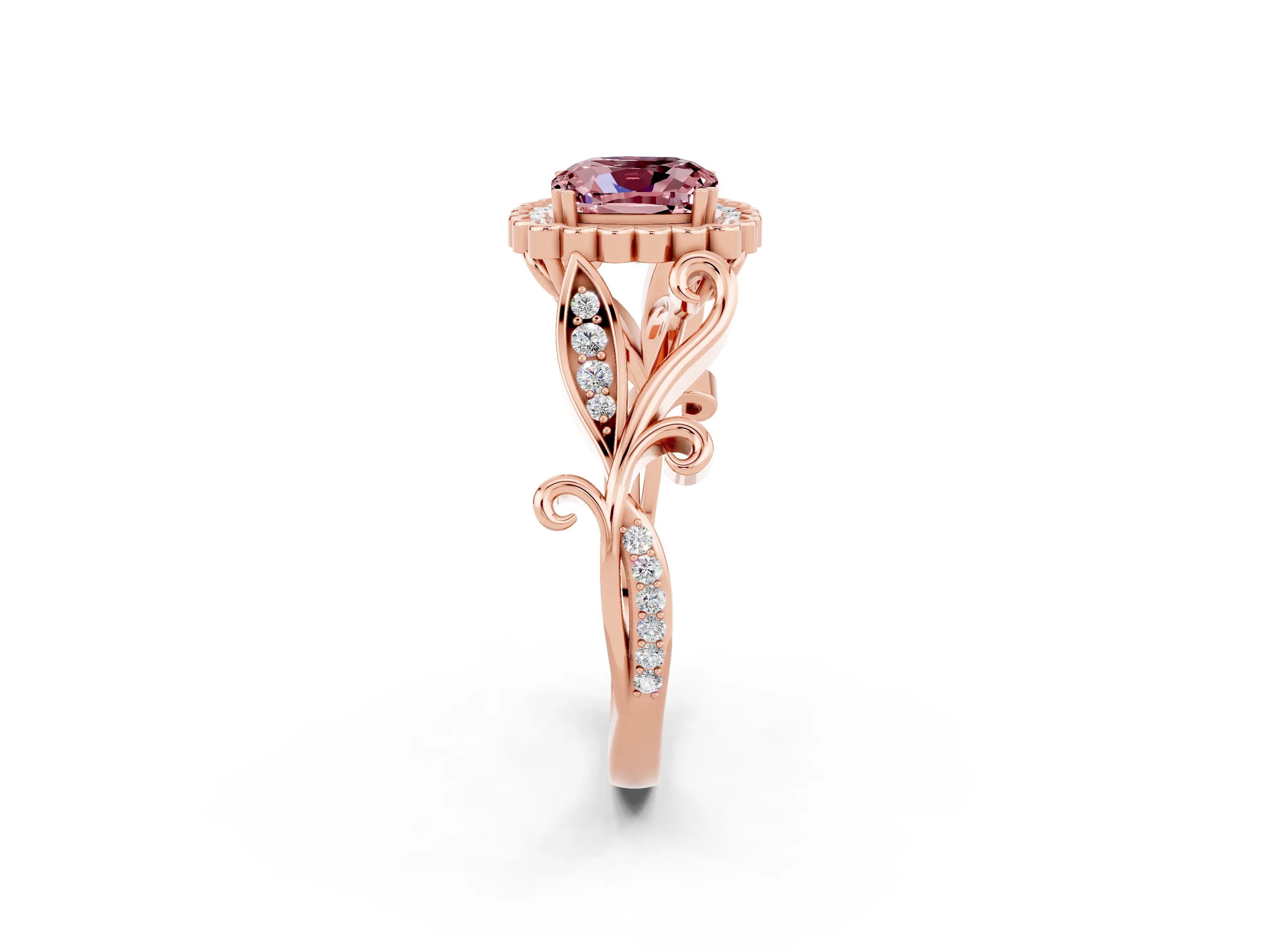 Rose gold Cushion Cut Morganite Halo Ring with Vintage Split Shank and Four-Prong Setting_2