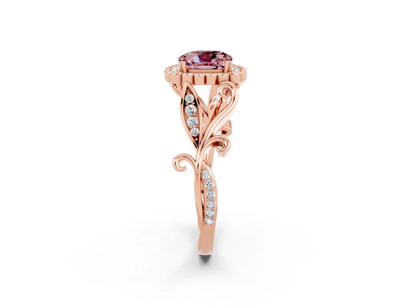 Rose gold Cushion Cut Morganite Halo Ring with Vintage Split Shank and Four-Prong Setting
