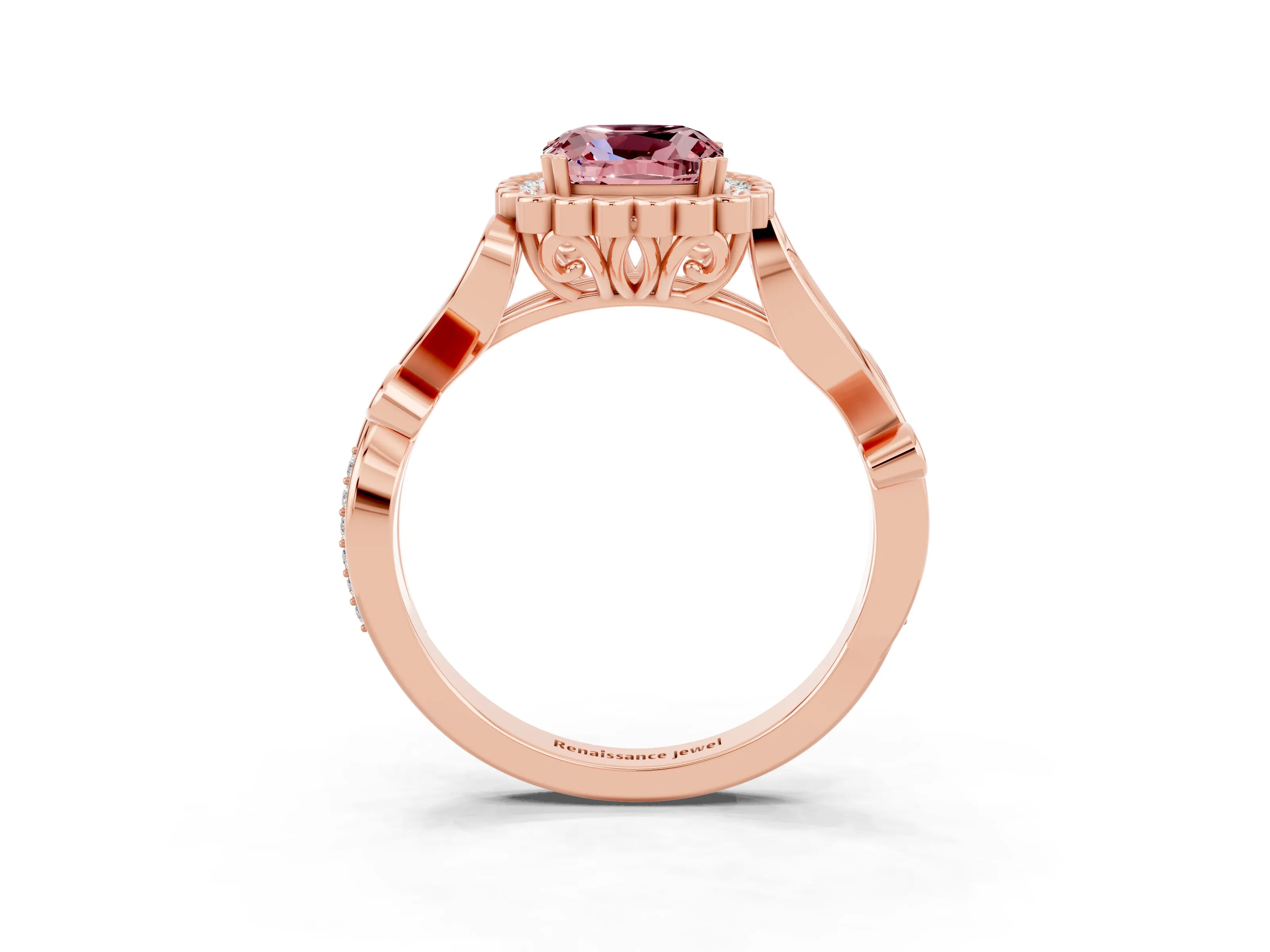 Rose gold Cushion Cut Morganite Halo Ring with Vintage Split Shank and Four-Prong Setting_3