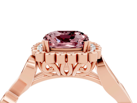 Rose gold Cushion Cut Morganite Halo Ring with Vintage Split Shank and Four-Prong Setting_4