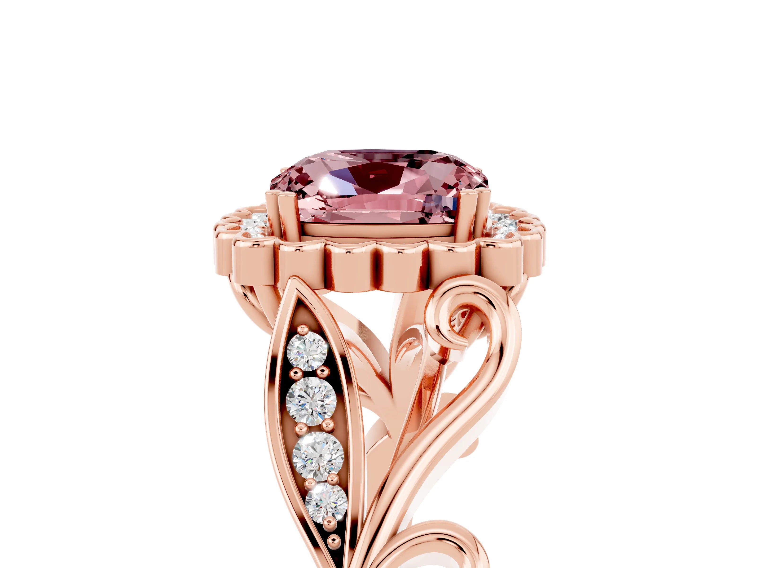 Rose gold Cushion Cut Morganite Halo Ring with Vintage Split Shank and Four-Prong Setting_5