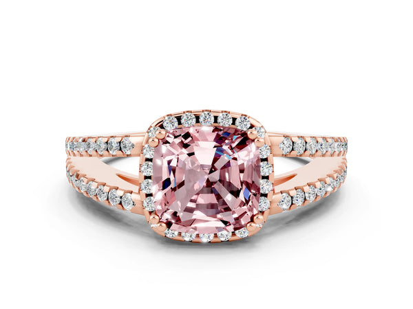 Rose gold Cushion Cut Morganite Halo Split Shank Engagement Ring