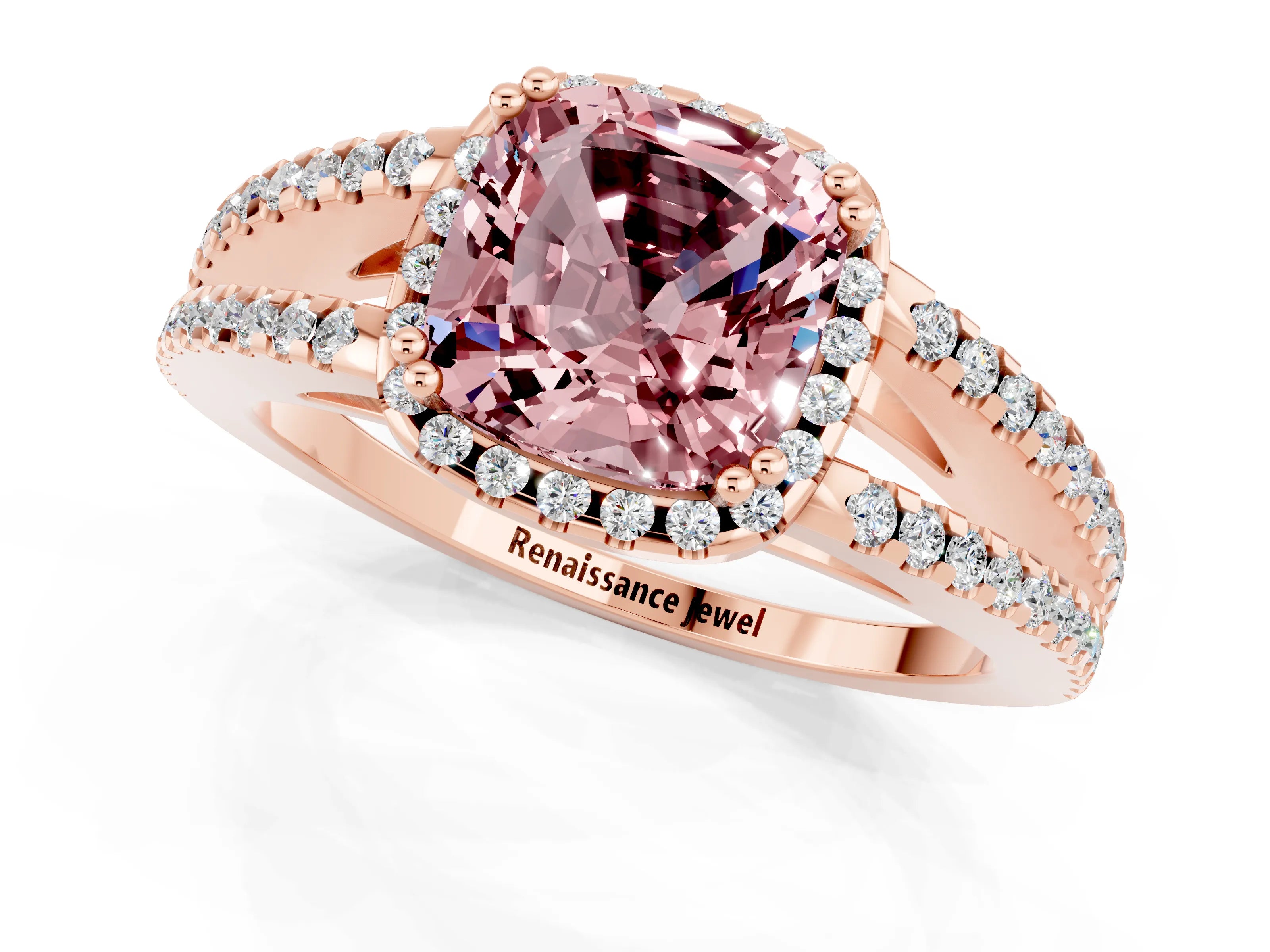 Rose gold Cushion Cut Morganite Halo Split Shank Engagement Ring_13