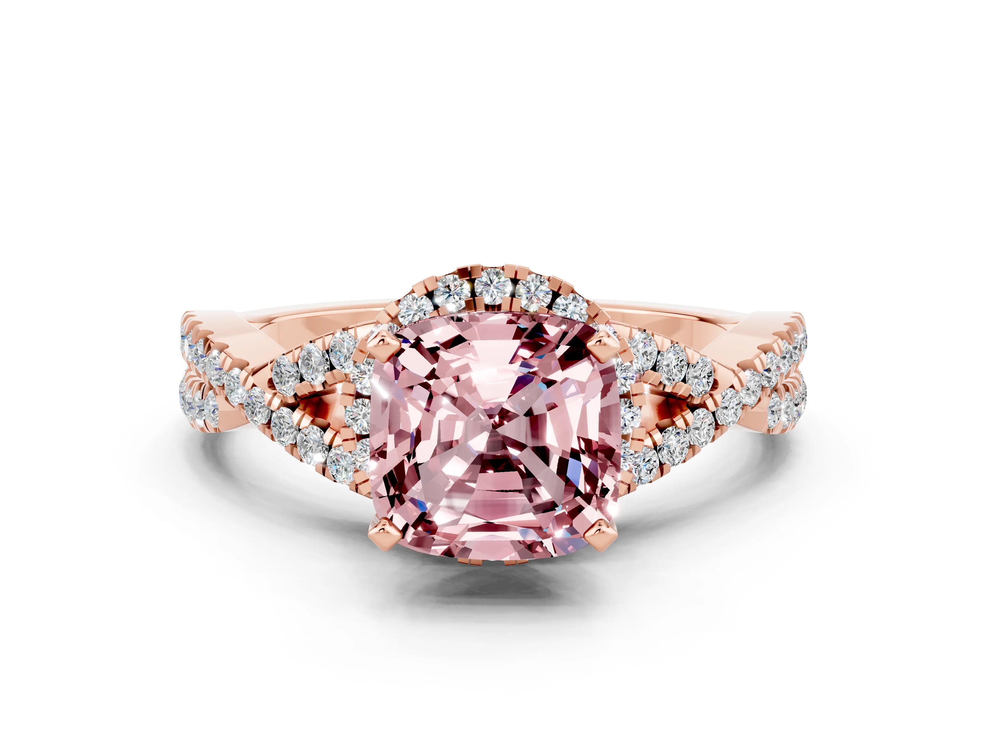 Rose gold Cushion Cut Morganite Halo Twist Band Solitaire Prong Setting Ring