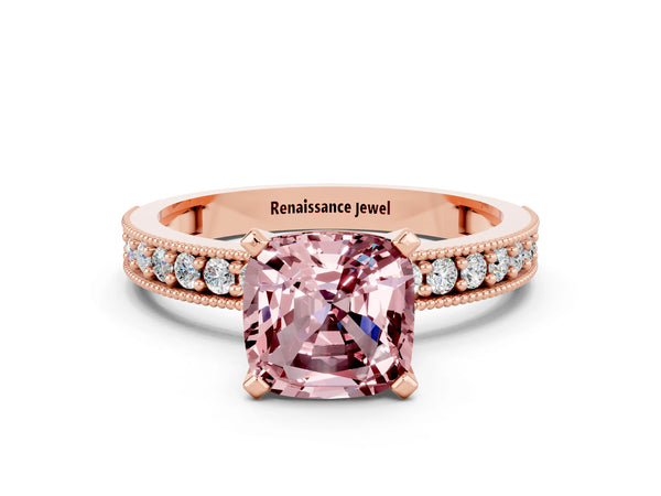 Rose gold Cushion Cut Morganite Milgrain Pavé Engagement Ring with Four-Prong Setting