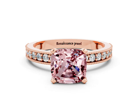 Rose gold Cushion Cut Morganite Milgrain Pavé Engagement Ring with Four-Prong Setting_12