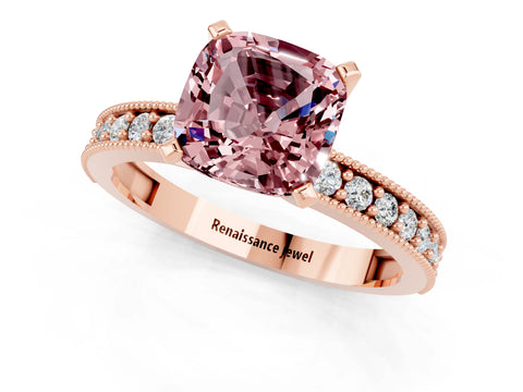Rose gold Cushion Cut Morganite Milgrain Pavé Engagement Ring with Four-Prong Setting_13