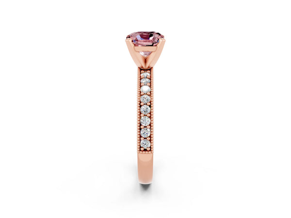 Rose gold Cushion Cut Morganite Milgrain Pavé Engagement Ring with Four-Prong Setting